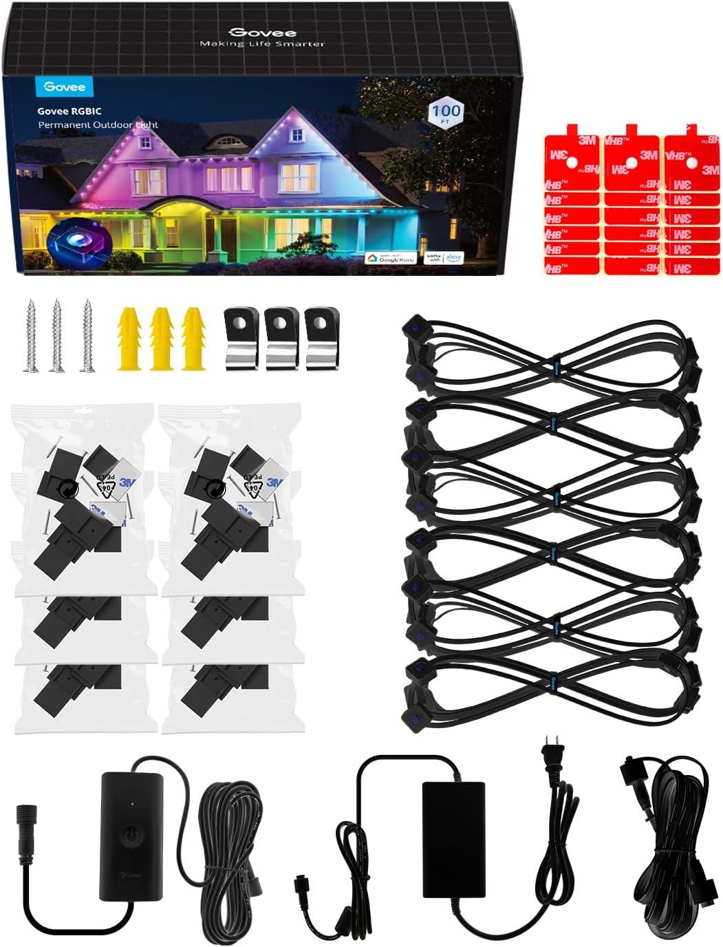 imageGovee Permanent Outdoor Lights Smart RGBIC Outdoor Decor with 75 Scene Modes 100ft with 72 LED Lights IP67 Waterproof for Outdoor Decorations Work with Alexa Google Assistant WhiteBlack