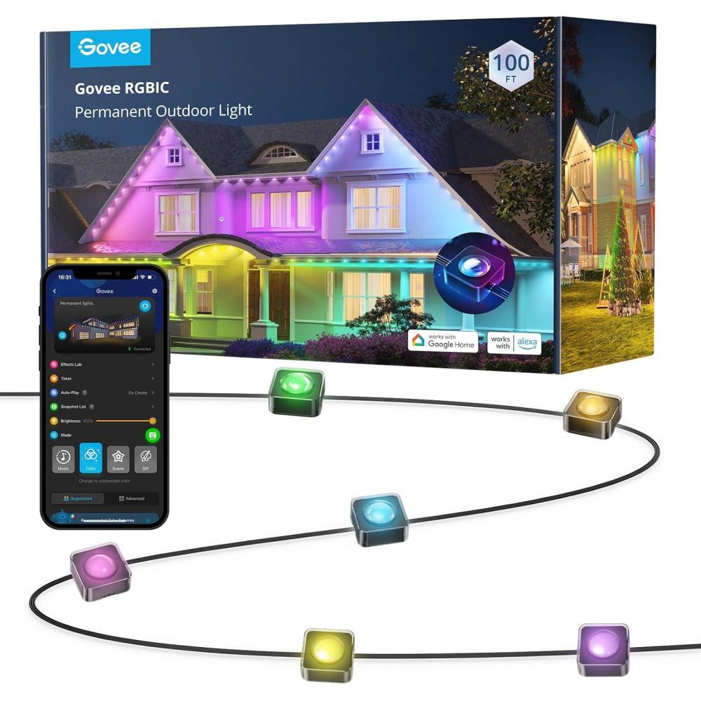 imageGovee Permanent Outdoor Lights Smart RGBIC Outdoor Decor with 75 Scene Modes 100ft with 72 LED Lights IP67 Waterproof for Outdoor Decorations Work with Alexa Google Assistant WhiteBlack