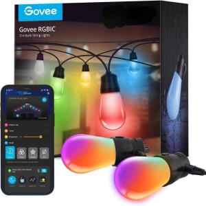 imageGovee Smart Outdoor String Lights H7015 48ft RGBIC Outdoor Lights with 15 Dimmable LED Bulbs IP65 Waterproof Color Changing Warm White Lights with 47 Scene Modes Works with Alexa App Control48ft