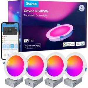 imageGovee Smart Recessed Lighting 6 Inch WiFi Bluetooth Direct Connect RGBWW LED Downlight 65 Scene Mode LED Can Lights Work with Alexa ampamp Google Assistant with Junction Box 1100 Lumen 4 Pack4 Inch