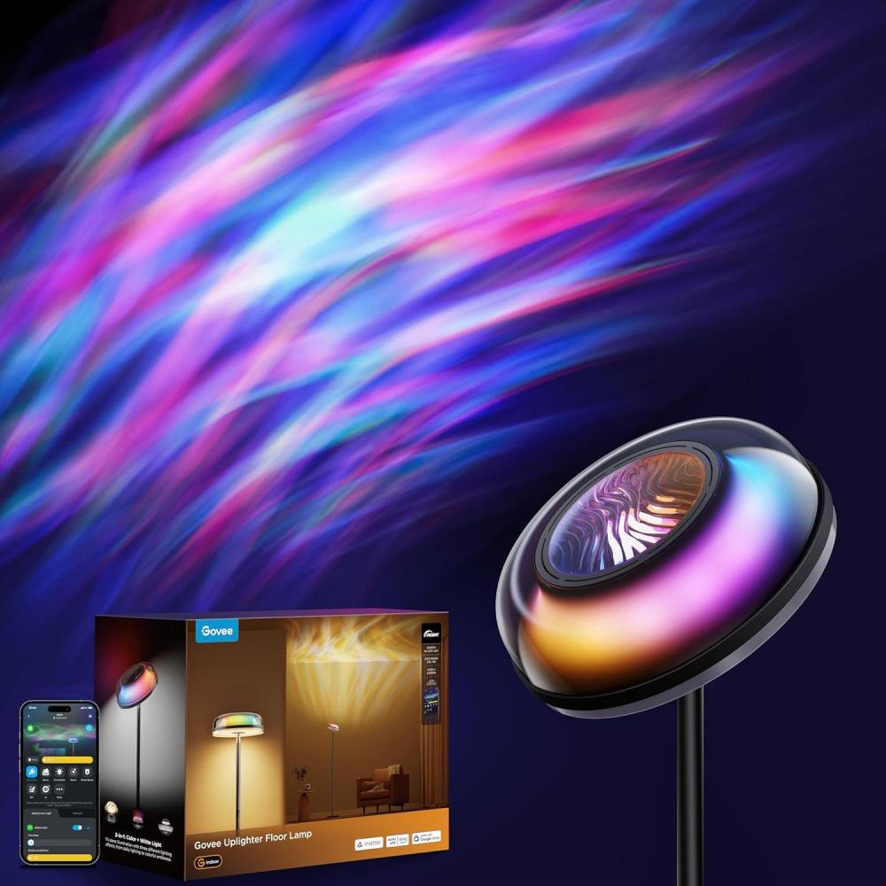 imageGovee Uplighter Floor Lamp for Living Room RGBIC Ripple Projector Smart Floor Lamp for Bedroom Works with Matter 215 ft Light Area LED Modern Corner Floor Light Warm Cool White Standing Lamp