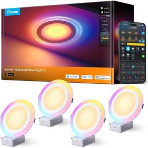 imageGovee Smart Recessed Lighting 6 inch RGBIC LED Retrofit Recessed Light Compitable with Matter and Alexa 2700K6500K Dimmable 1100LM Canless Downlight with Junction Box for Bedroom 4 Pack6 Inch