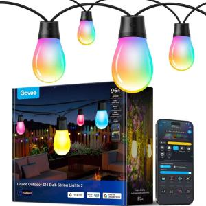 imageGovee Outdoor S14 Bulb String Lights 2 96ft Smart RGBIC Warm White Patio Lights with 30 LED Bulbs 111 Scene Modes for Outdoor Decor Works with Alexa Google Matter APP Control IP66 Waterproof96ft