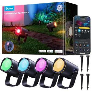 imageGovee Outdoor Spot Lights 2 IP67 Waterproof Spotlights Landscape Lights Work with Matter Alexa and Google Assistant RGBWIC Color Changing Light for Outdoor Decor Patio Decorations 4 Pack4 pack