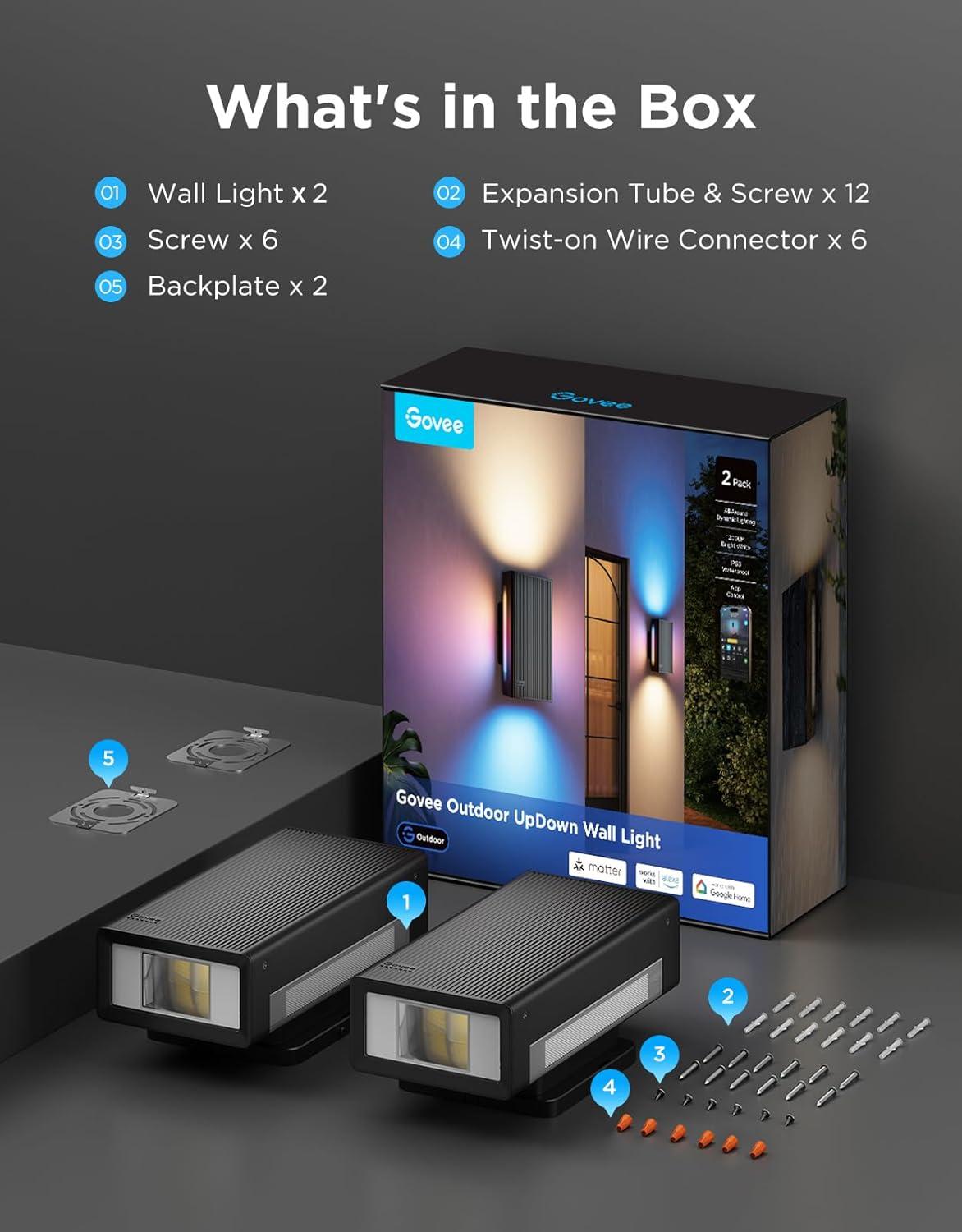 imageGovee Outdoor UpDown Wall Light 2 Pack 1200LM RGBICWW Smart Porch Lights Outdoor with 64 Scene Modes IP66 Waterproof Wall Sconce for Outdoor Decor Works with Alexa Google Assistant and Matter2