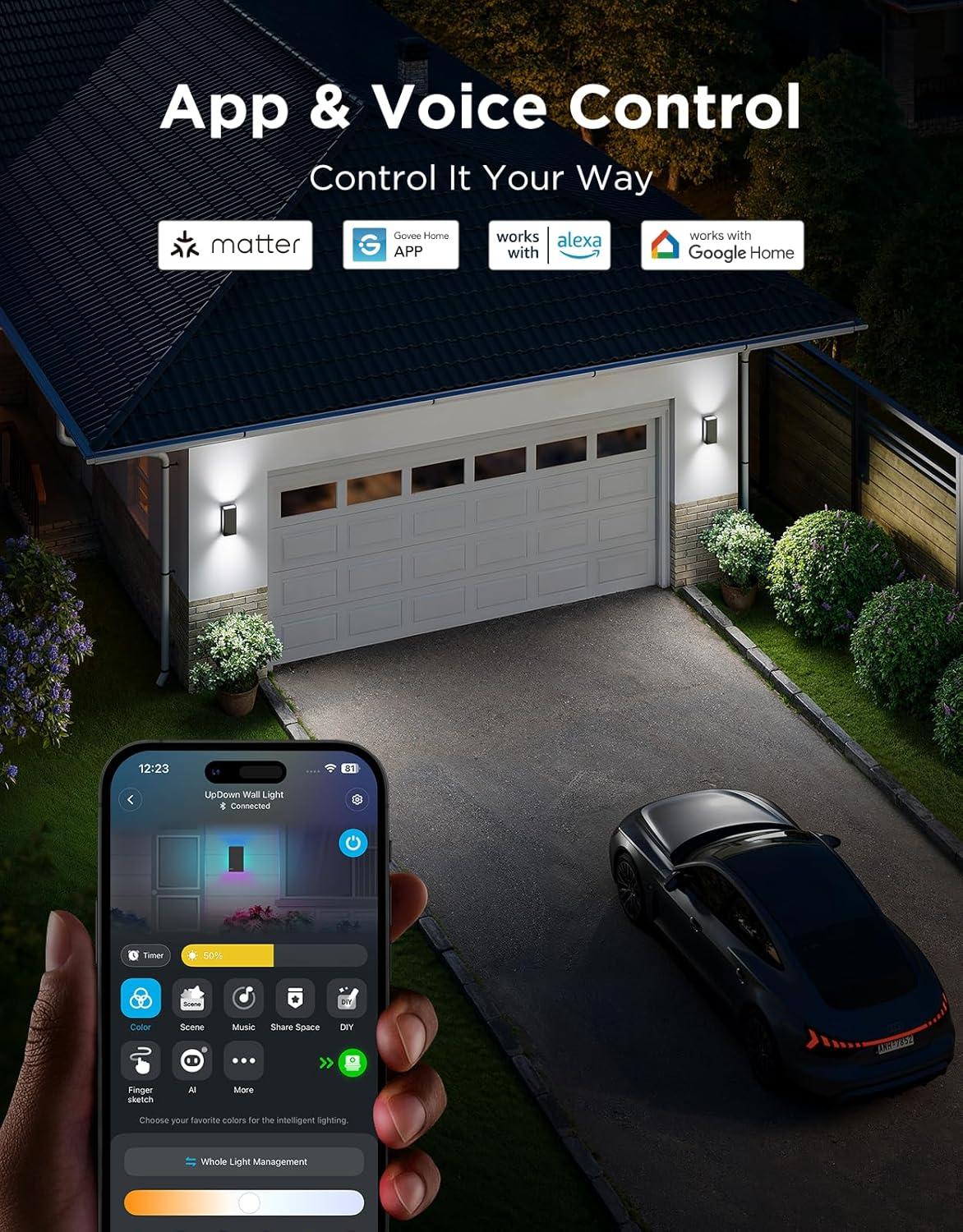 imageGovee Outdoor UpDown Wall Light 2 Pack 1200LM RGBICWW Smart Porch Lights Outdoor with 64 Scene Modes IP66 Waterproof Wall Sconce for Outdoor Decor Works with Alexa Google Assistant and Matter2