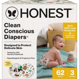 imageThe Honest Company Clean Conscious Diapers for Delicate Skin  Up to 100 Leakproof  Hypoallergenic Fragrance Free  Fall 25 Limited Edition Prints  Club Box Size 3 1628 lbs 62 Count