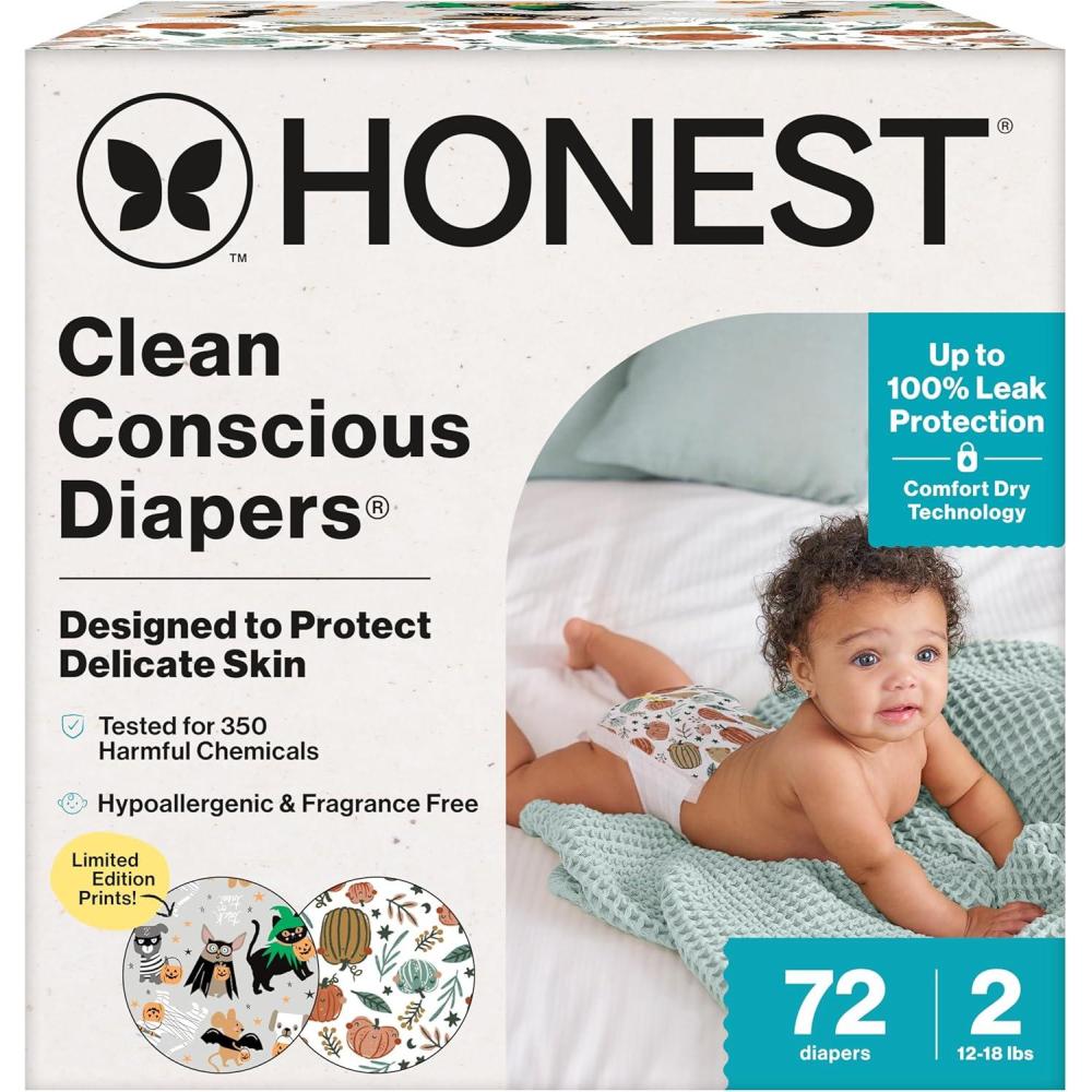 imageThe Honest Company Clean Conscious Diapers for Delicate Skin  Up to 100 Leakproof  Hypoallergenic Fragrance Free  Fall 25 Limited Edition Prints  Club Box Size 2 1218 lbs 72 Count