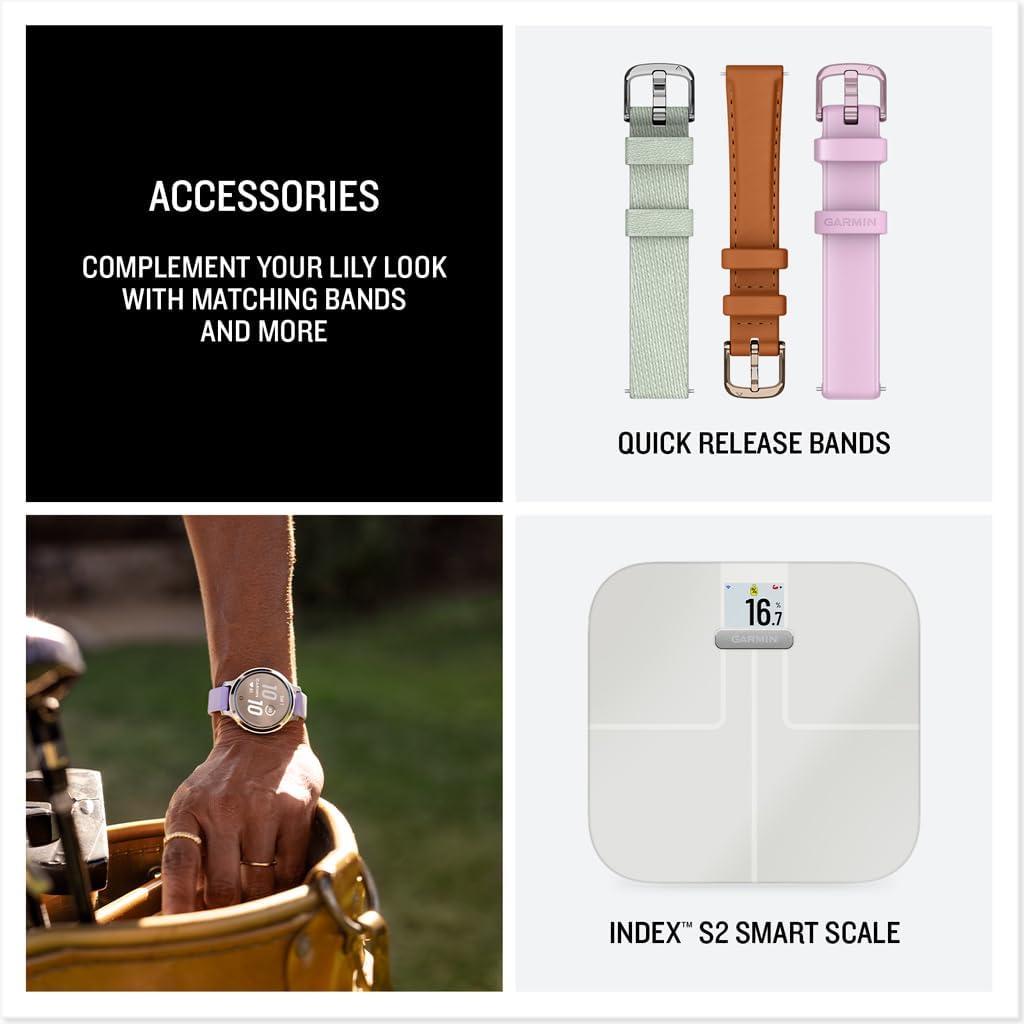 imageGarmin Lily 2 Active Small and Stylish Smartwatch Builtin GPS Hidden Display Patterned Lens Up to 9 Days Battery Life Silver with Purple Jasmine Silicone Band