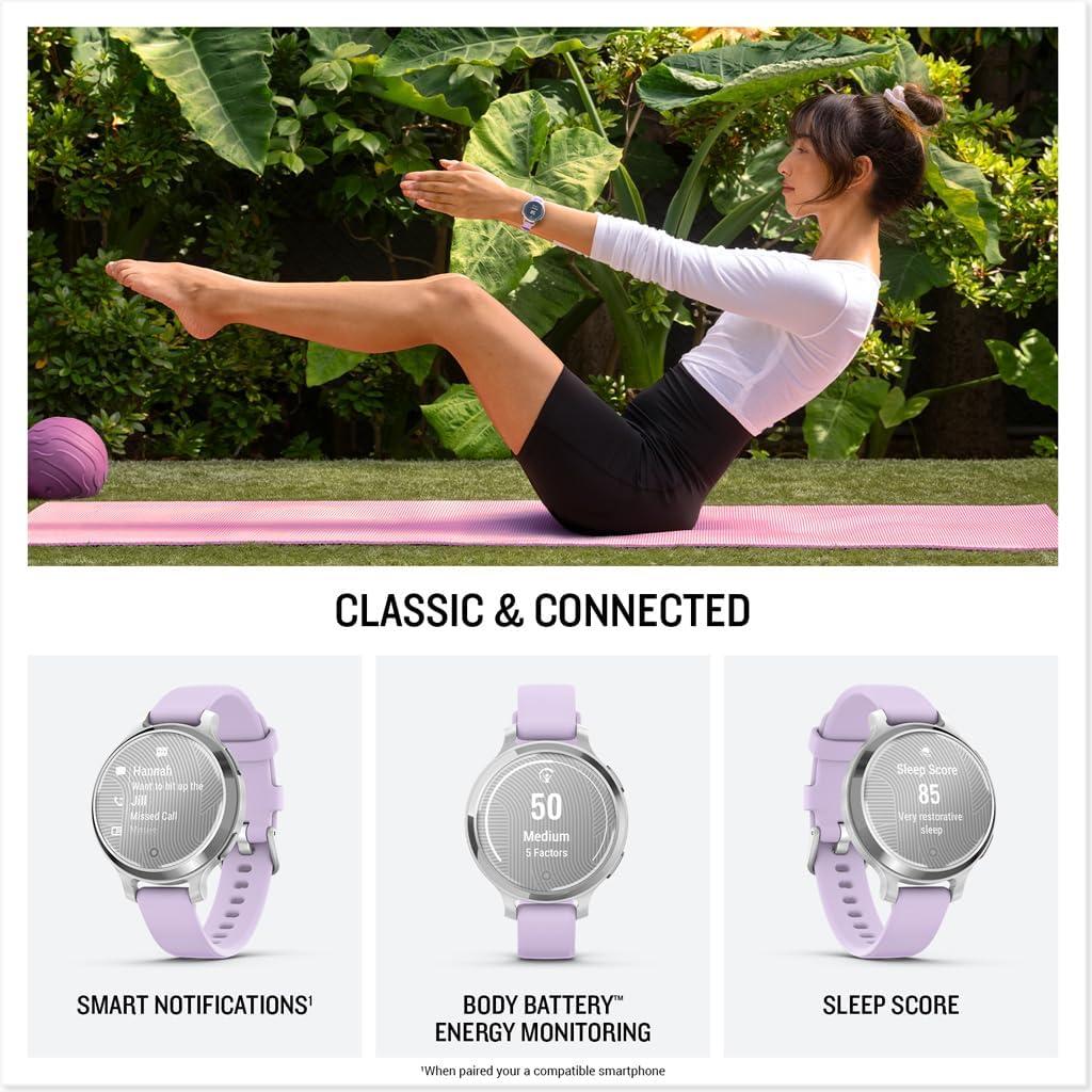 imageGarmin Lily 2 Active Small and Stylish Smartwatch Builtin GPS Hidden Display Patterned Lens Up to 9 Days Battery Life Silver with Purple Jasmine Silicone Band