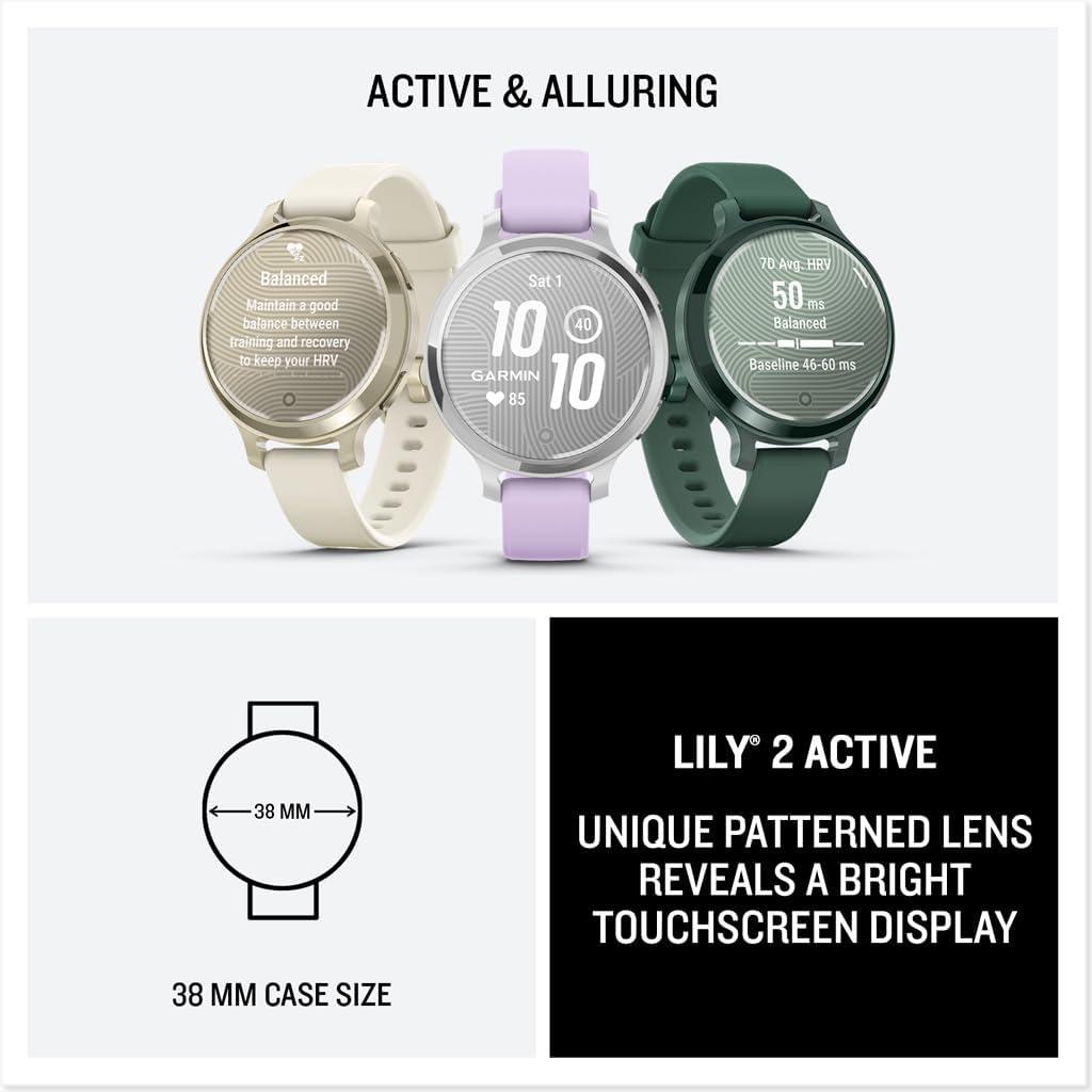 imageGarmin Lily 2 Active Small and Stylish Smartwatch Builtin GPS Hidden Display Patterned Lens Up to 9 Days Battery Life Silver with Purple Jasmine Silicone Band