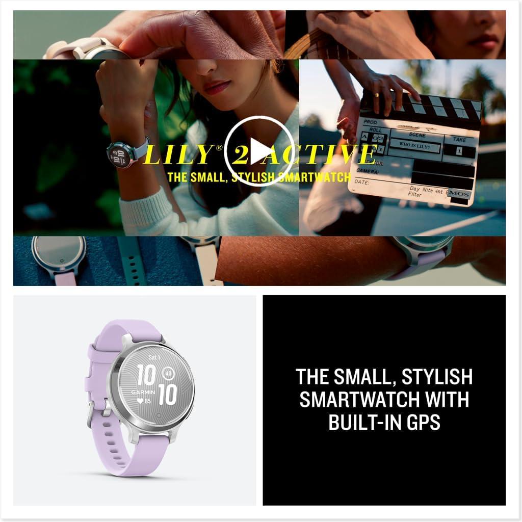 imageGarmin Lily 2 Active Small and Stylish Smartwatch Builtin GPS Hidden Display Patterned Lens Up to 9 Days Battery Life Silver with Purple Jasmine Silicone Band