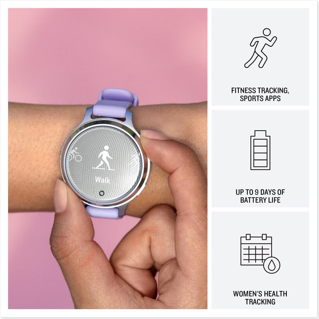 imageGarmin Lily 2 Active Small and Stylish Smartwatch Builtin GPS Hidden Display Patterned Lens Up to 9 Days Battery Life Silver with Purple Jasmine Silicone Band