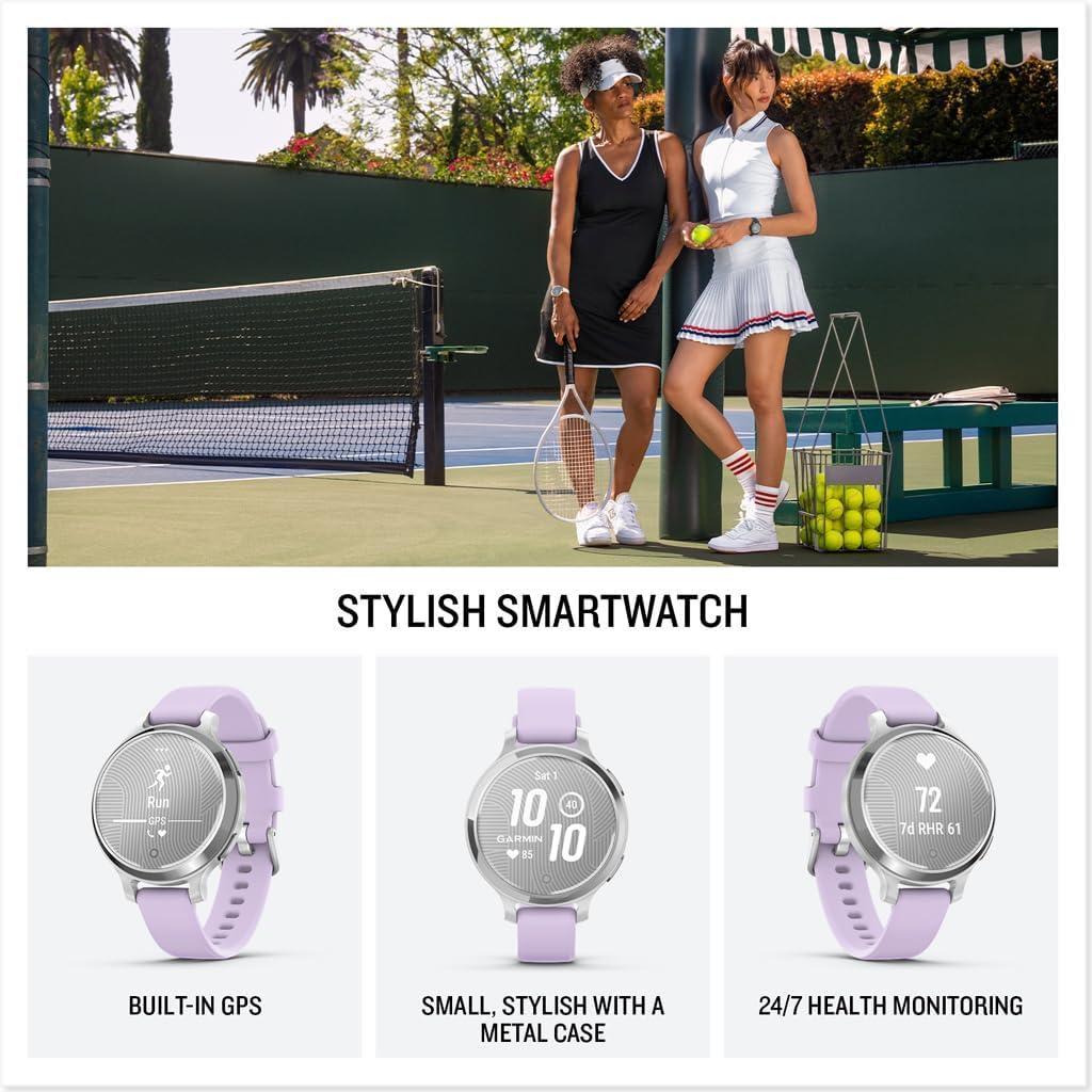 imageGarmin Lily 2 Active Small and Stylish Smartwatch Builtin GPS Hidden Display Patterned Lens Up to 9 Days Battery Life Silver with Purple Jasmine Silicone Band