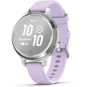 imageGarmin Lily 2 Active Small and Stylish Smartwatch Builtin GPS Hidden Display Patterned Lens Up to 9 Days Battery Life Silver with Purple Jasmine Silicone Band