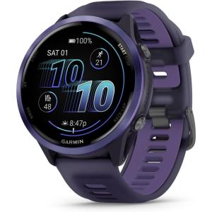 imageGarmin Forerunner 570 42mm Advanced GPS Running and Triathlon Smartwatch AMOLED Display Training and Recovery Features Raspberry Aluminum with Translucent BoneMango BandIndigo Purple