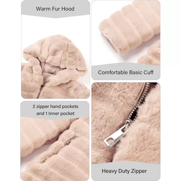 Bellivera Women Faux Fur Coat Long Sleeve Fuzzy Winter Hooded Open Front Jacket with Two Big Hand Pockets