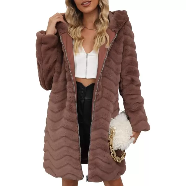 Bellivera Women Faux Fur Coat Long Sleeve Fuzzy Winter Hooded Open Front Jacket with Two Big Hand Pockets