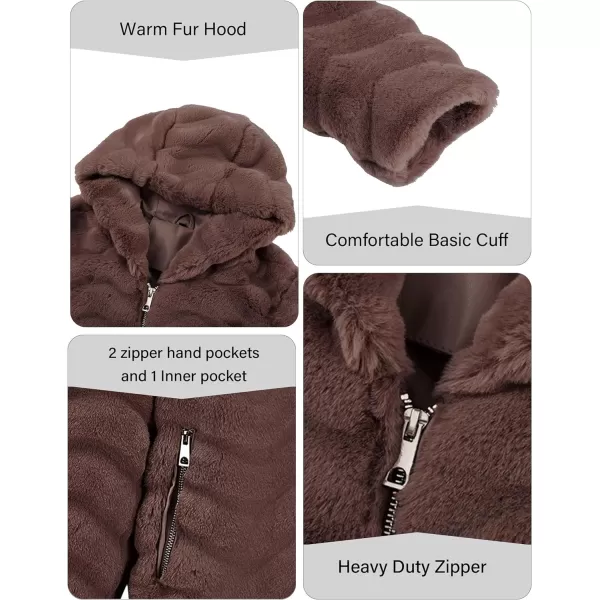 Bellivera Women Faux Fur Coat Long Sleeve Fuzzy Winter Hooded Open Front Jacket with Two Big Hand Pockets