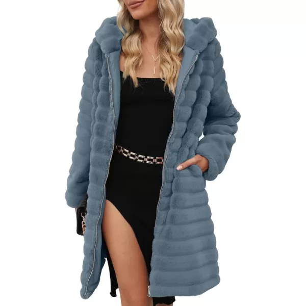 Bellivera Women Faux Fur Coat Long Sleeve Fuzzy Winter Hooded Open Front Jacket with Two Big Hand Pockets