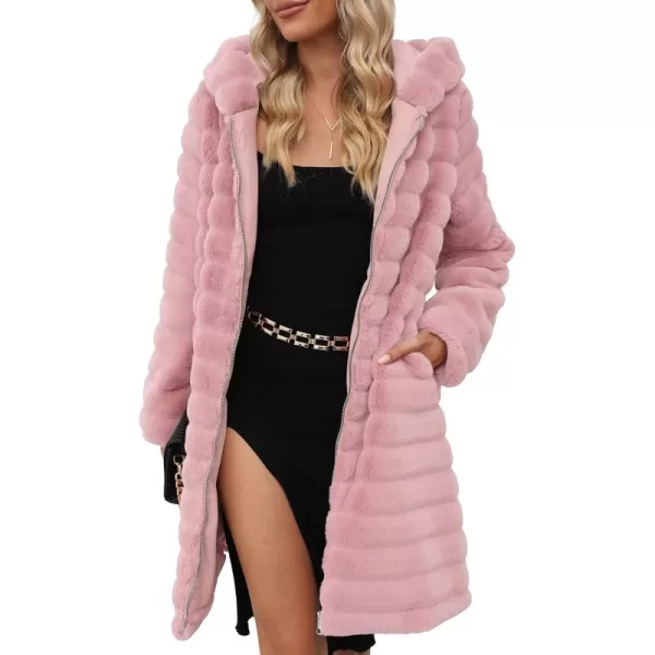 Bellivera Women Faux Fur Coat Long Sleeve Fuzzy Winter Hooded Open Front Jacket with Two Big Hand Pockets