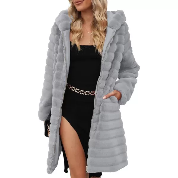 Bellivera Women Faux Fur Coat Long Sleeve Fuzzy Winter Hooded Open Front Jacket with Two Big Hand Pockets