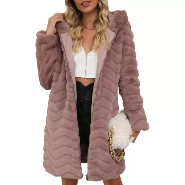 Bellivera Women Faux Fur Coat Long Sleeve Fuzzy Winter Hooded Open Front Jacket with Two Big Hand Pockets