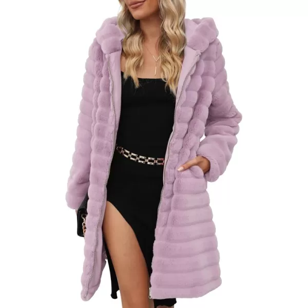 Bellivera Women Faux Fur Coat Long Sleeve Fuzzy Winter Hooded Open Front Jacket with Two Big Hand Pockets