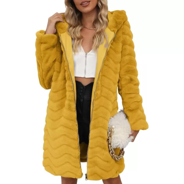 Bellivera Women Faux Fur Coat Long Sleeve Fuzzy Winter Hooded Open Front Jacket with Two Big Hand Pockets