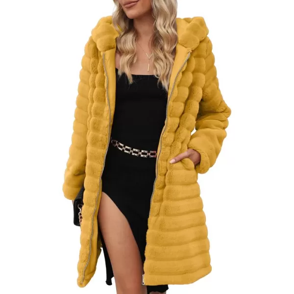 Bellivera Women Faux Fur Coat Long Sleeve Fuzzy Winter Hooded Open Front Jacket with Two Big Hand Pockets