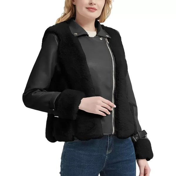 Bellivera Women Faux Fur Leather Jacket Short Warm Motorcycle Biker Coat Furry Outwear