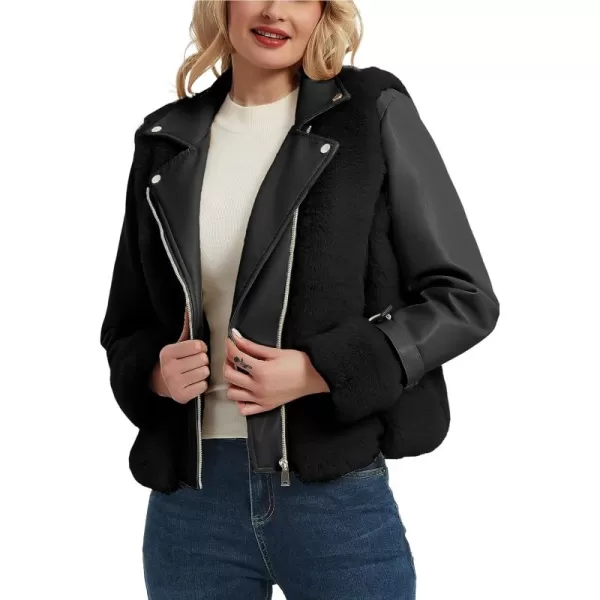 Bellivera Women Faux Fur Leather Jacket Short Warm Motorcycle Biker Coat Furry Outwear