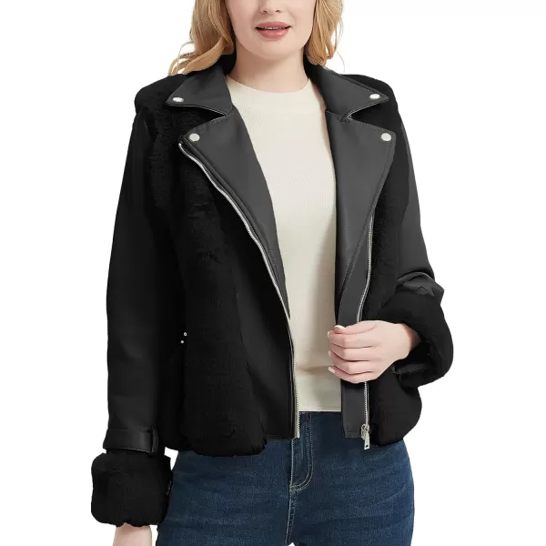 Bellivera Women Faux Fur Leather Jacket Short Warm Motorcycle Biker Coat Furry Outwear