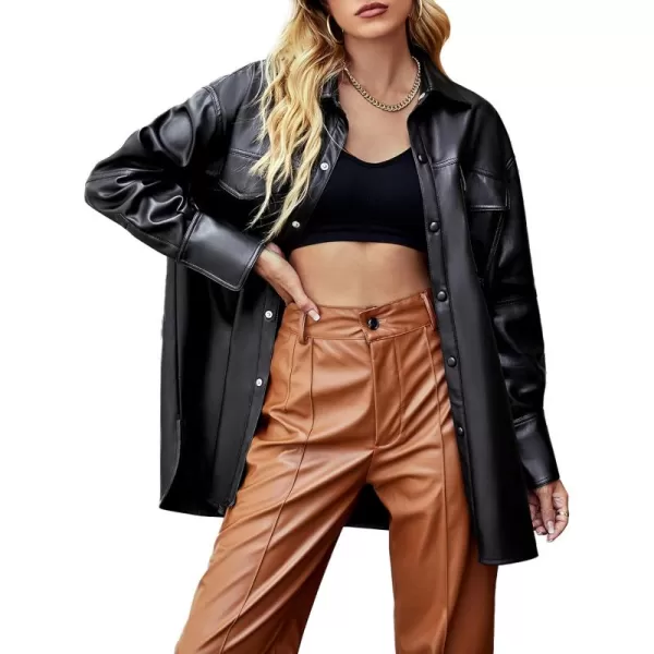 Bellivera Women Faux Leather Jacket Blazer PU Shirt Long Sleeve Oversize Shacket Coat