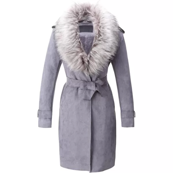 Bellivera Women Faux Leather Trench Coat Fleece-Lined Mid-length Jacket with Detachable Fur Collar