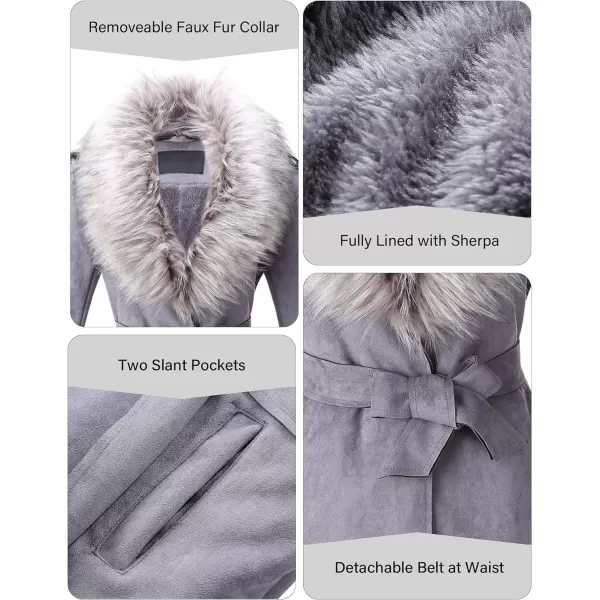 Bellivera Women Faux Leather Trench Coat Fleece-Lined Mid-length Jacket with Detachable Fur Collar