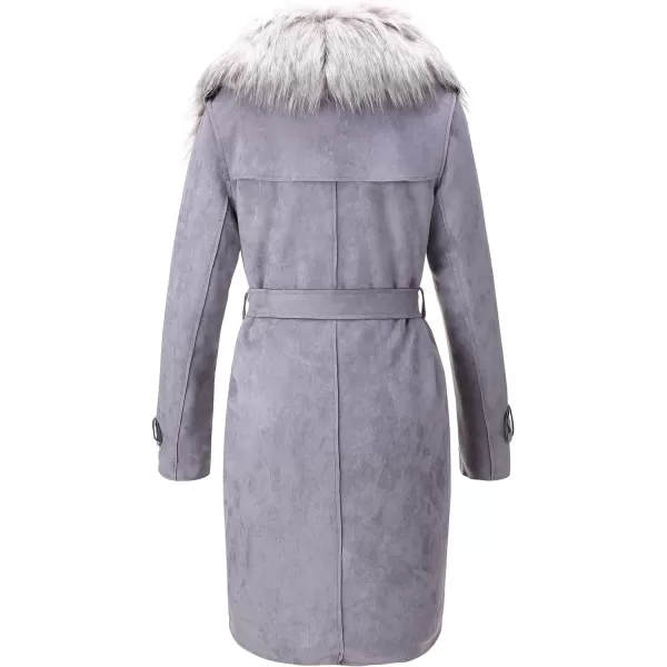 Bellivera Women Faux Leather Trench Coat Fleece-Lined Mid-length Jacket with Detachable Fur Collar