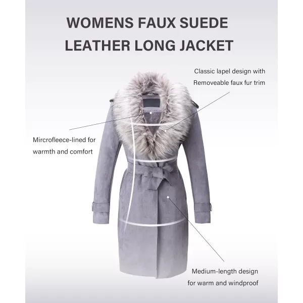 Bellivera Women Faux Leather Trench Coat Fleece-Lined Mid-length Jacket with Detachable Fur Collar