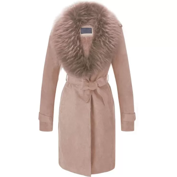 Bellivera Women Faux Leather Trench Coat Fleece-Lined Mid-length Jacket with Detachable Fur Collar