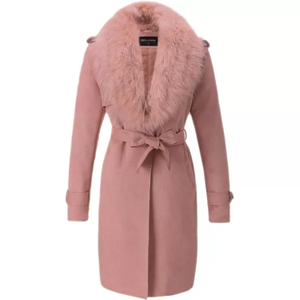 Bellivera Women Faux Leather Trench Coat Fleece-Lined Mid-length Jacket with Detachable Fur Collar