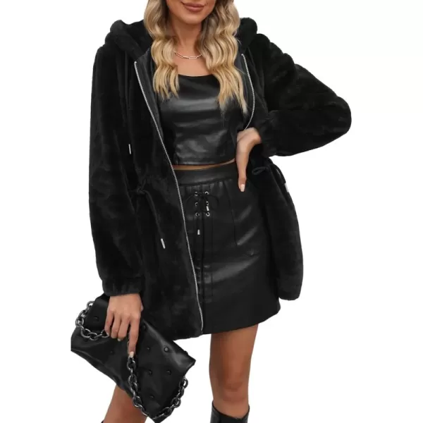 Bellivera Women Fleece Jacket, Spring and Winter Fashion Faux Fur Coat Long Fuzzy Hood Fluffy Sherpa Overcoat
