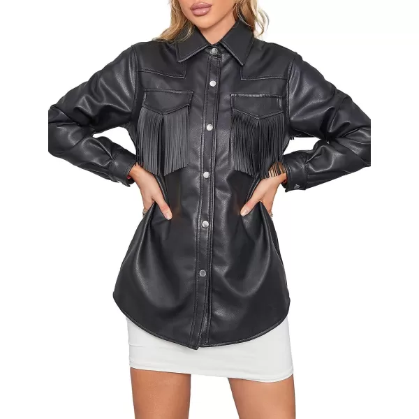 Bellivera Women Fringe Jacket Faux Leather Tassel Crop Coat Motor Biker Belt Long Sleeve Outerwear