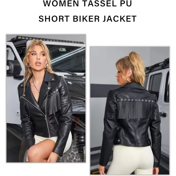 Bellivera Women Fringe Jacket Faux Leather Tassel Crop Coat Motor Biker Belt Long Sleeve Outerwear