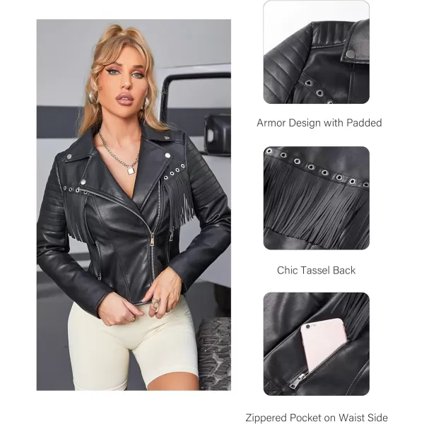 Bellivera Women Fringe Jacket Faux Leather Tassel Crop Coat Motor Biker Belt Long Sleeve Outerwear