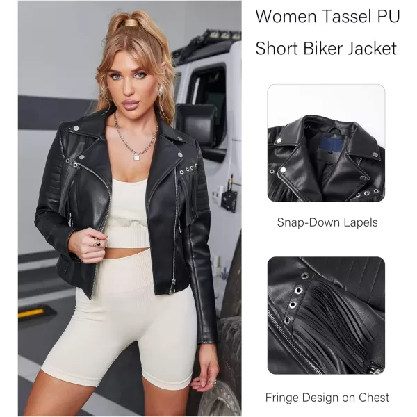Bellivera Women Fringe Jacket Faux Leather Tassel Crop Coat Motor Biker Belt Long Sleeve Outerwear