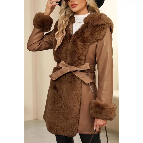Bellivera Women's Faux Leather Fleece Lined Coat Winter Hooded Zip-up Parka with Belt