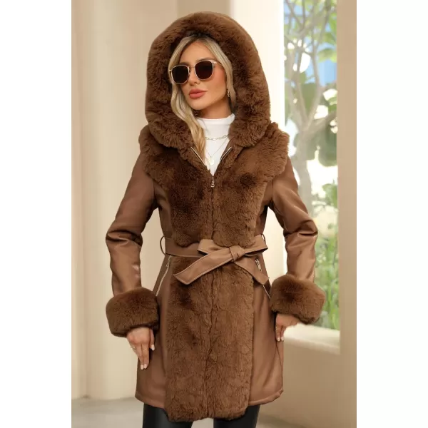 Bellivera Women's Faux Leather Fleece Lined Coat Winter Hooded Zip-up Parka with Belt