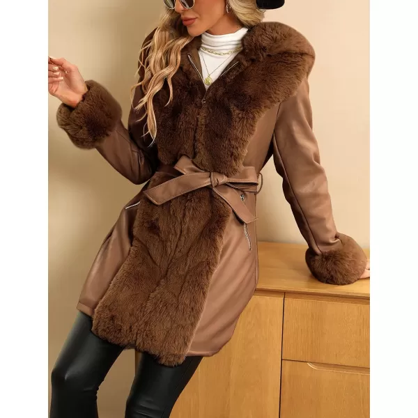 Bellivera Women's Faux Leather Fleece Lined Coat Winter Hooded Zip-up Parka with Belt