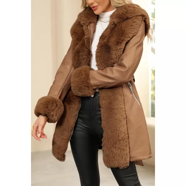 Bellivera Women's Faux Leather Fleece Lined Coat Winter Hooded Zip-up Parka with Belt