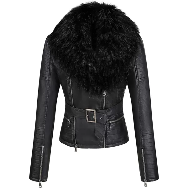 Bellivera Women's Faux Leather Jacket Moto Biker Sherpa-Lined Coat with Removable Fur Collar